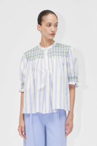 Stine Goya Smocked Gathered Boyfriend Shirt - Pastel Stripes