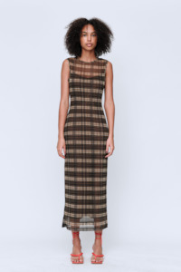 Wynn Hamlyn Silk Mesh Maxi Dress - Brown Check