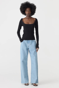 Bassike: Bassike Slim Rib Lace L/S Top - Black