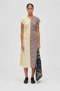 Stine Goya Ruched Waist Midi Dress - Brown and Yellow Checks