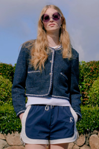 Womens Jackets Nz: Karen Walker Cropped Boucle Jacket - Navy