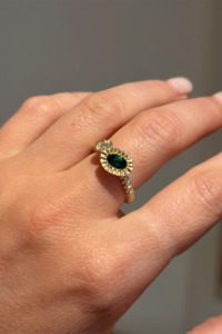 Accessories: Alexandra Dodds Asymmetric Teeth Gem Ring - 9ct Gold Lab Emerald