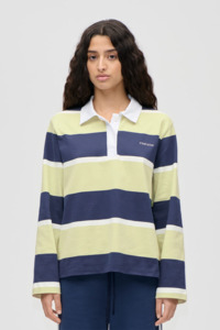 Stine Goya Polo Long Sleeve Top - Yellow Navy Blue Stripe