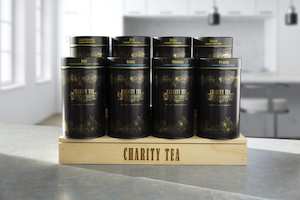 Display Starter Pack - 8 Tins of Organic Tea Bags with Pine Display Stand - Charity Tea