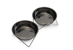 Bendo: Woof Woof Double Dog Bowl - Chrome Base/Nickel Bowls