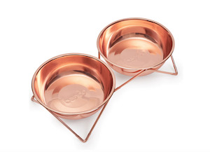 Bowls Dog: Woof Woof Double Dog Bowl - Copper Base/Copper Bowls