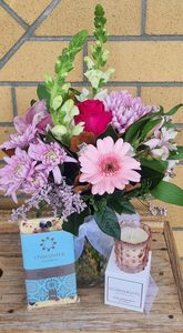 Sweet and Scented Pinks Flowers, Chocolate and Candle Set
