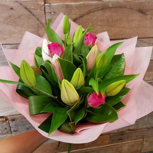 Lily and Rose Bouquet - Cherrywood Florist Tauranga