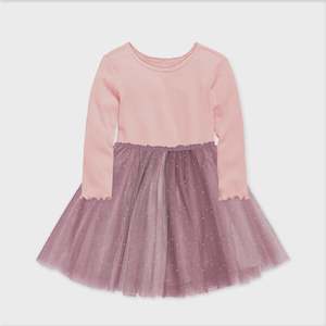 Long Sleeve Ribbed Tulle Dress Dusty Pink