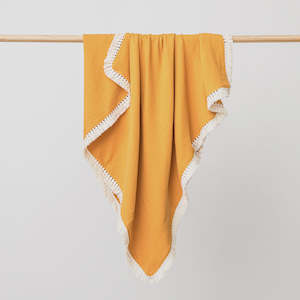 Sleepwear: Organic Muslin Blanket with Tassels Saffron