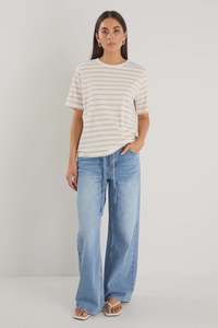 Binding White Natural Stripe Boxy Fit Tee - White Natural Stripe