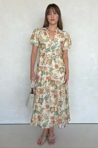 Comet Peach Bloom Short Puff Sleeve Button Front Midi Dress - Peach Bloom