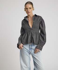 Cafe Terrace Shirred Chambray Shirt - Black