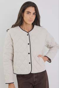 Womens Jackets: Apex Bone Collarless Quilted Contrast Piping Puffer Jacket