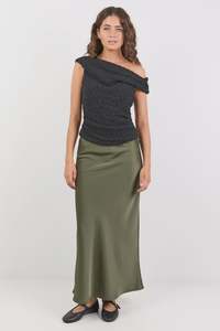 Womens Skirts: Rosette Khaki Satin Bias Midi Skirt