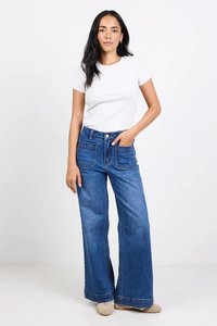 Womens Jeans: Zoey Marine Blue Petite High Rise Wide Leg Pocket Jean