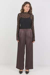 Grandeur Chocolate Satin Elastic Back Wide Leg Pants