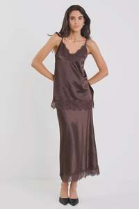 Womens Skirts: Margarita Chocolate Satin Lace Trim Bias Maxi Skirt