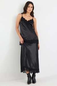 Margarita Black Satin Lace Trim Bias Maxi Skirt - Black