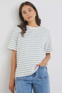 Womens T Shirts: Binding Khaki White Stripe Boxy Fit Tee