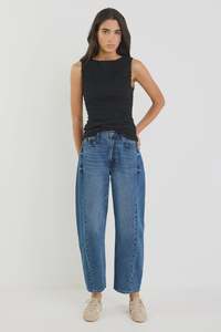 Womens Jeans: Varsity Deep Blue Forward Seam Barrel Jeans