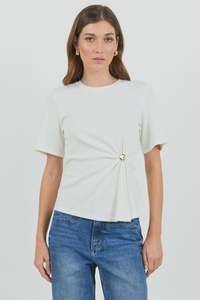 Womens T Shirts: Helm White Waist Buckle Short Sleeve Tee