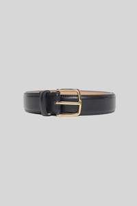 Accessories: Belle Black Leather Gold Buckle Belt - Black