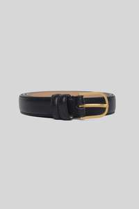 Accessories: Luna Black Leather Matte Gold Buckle Belt - Black