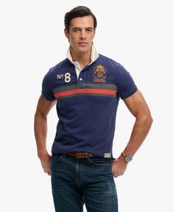 Double Emblem Jersey Short Sleeve Rugby Polo Top - Navy/Orange Chest Band Stripe