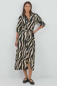 Cyprus Black and Cream Safari LS Shirt Midi Dress