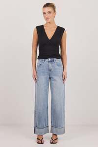 Womens Jeans: Emerge Washed Out Blue Turn Up Long Jeans - Washed Out Blue
