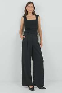 Business Black Wide Leg Pleat Front Pants