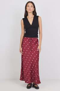 Rarity Wine Cream Polka Dot Satin Tie Waist Bias Maxi Skirt