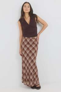 Breathe Brown Check Bias Maxi Skirt