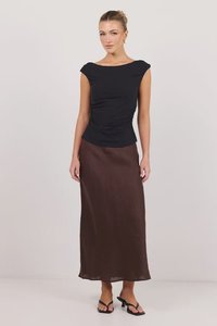 Bliss Dark Chocolate Linen Bias Midi Skirt