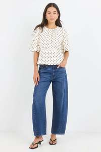 Womens Tops: Eventual Ivory Chocolate Polka Dot Mid Sleeve Fit and Flare Top