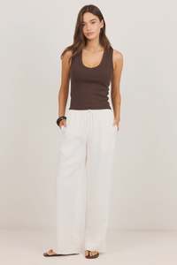 Womens Pants: Wellness White Linen Pull On Wide Leg Pants