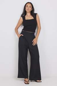Womens Pants: Guardian Black Petite Linen Viscose Elastic Back Pants