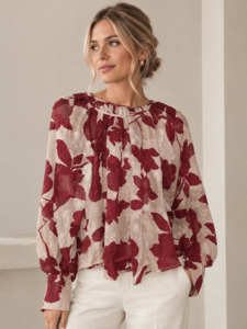 Womens Tops: Cosmopolitan Red Floral Crew Neck Floaty LS Top