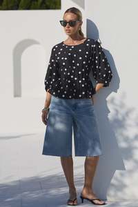 Womens Tops: Theatrical Black Polka Dot Pintuck Shaped SS Top