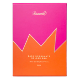 Products: Dark chocolate egg with salted chocolate buttons inside boxed