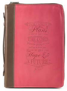 I Know The Plans Pink and Brown Faux Leather Fashion Bible Cover large - Jeremiah 29:11