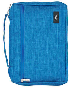 Bible Accessories: Caribbean Blue Poly-canvas Value Bible Cover with Ichthus Patch extra large