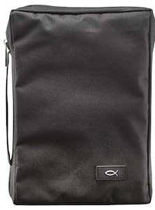 Polyester with Fish Badge in Black Bible Cover Medium