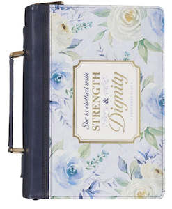 Strength and Dignity Indigo Rose Faux Leather Fashion Bible Cover - Proverbs 31:25