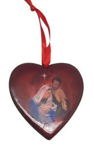 Christmas Heart Ornament - wood - Holy Family - red - NST1954
