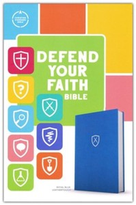 CSB Defend Your Faith Bible blue leathertouch 9.5 point font. Ages 8-12