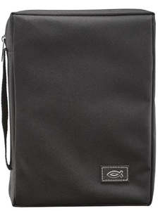 Bible Accessories: Black Poly-canvas Value Bible Cover with Ichthus Patch small