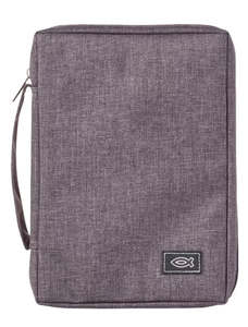 Bible Accessories: Gray Poly-canvas Bible Cover with Ichthus Fish Badge medium