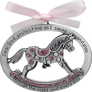 Cot or Crib Medaillon/Medal - Rocking horse - silver colour/pink - with pink ribbon